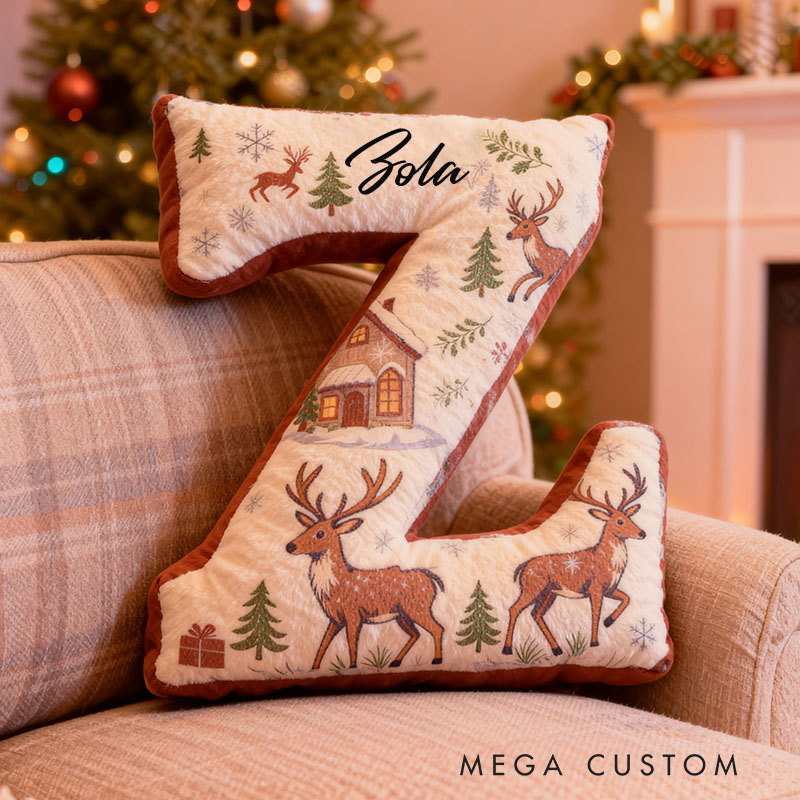 Personalized Christmas Letter Pillow with Winter Scene Design Custom Name Cushion Featuring Reindeer and Cabin for Holiday Home Decor Graphic 3D Print