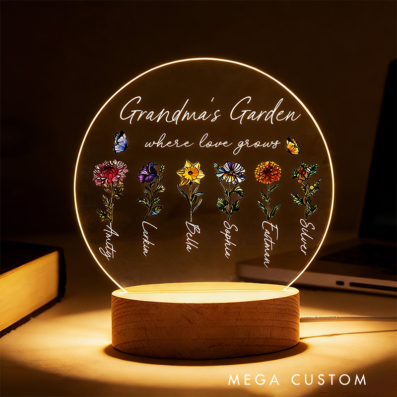 Personalized Grandma‘s Garden Birth Month Flowers LED Night Light Mothers Day Gift For Grandma Home Decor Gift for Grandma Birthday Gifts
