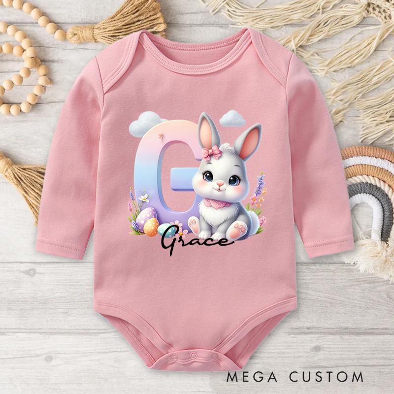Personalized Cute Easter Bunny Initial Baby Bodysuit with Name Birthday Easter Gift for Kids Baby
