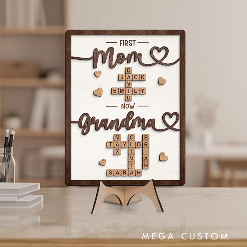 Personalized First Mom Now Grandma Wooden Sign Crossword Puzzle Art Frame Family Keepsake Gift For Mom Grandma Gift Mothers Day Gift 