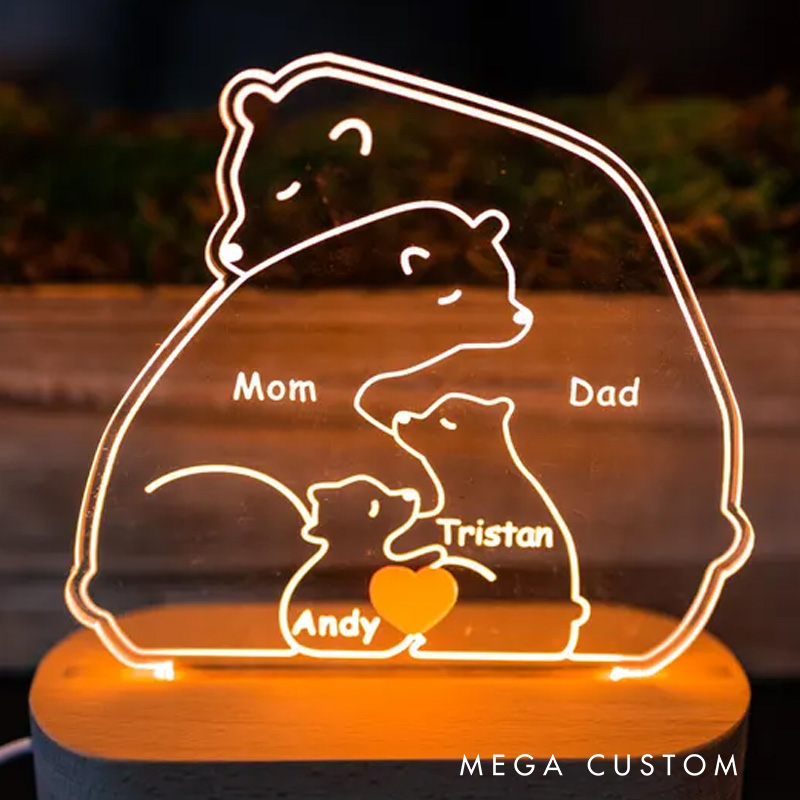 Personalized Family Bears Name Night Light Custom Bedroom LED Wood Bear Family Puzzle Gift Wedding Family Gift Night Light for Mom Dad
