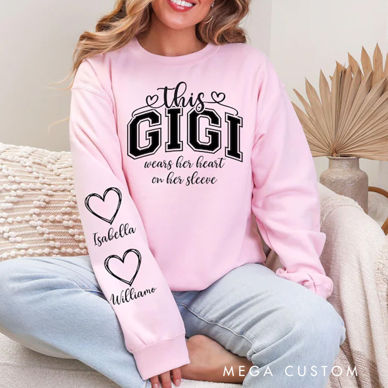 Personalized This Mama/Grandma/Nana Wears Her Heart on Her Sleeve Mama Bundle Mother's Day Custom Kids Names Mama Heart Mom Sweatshirt