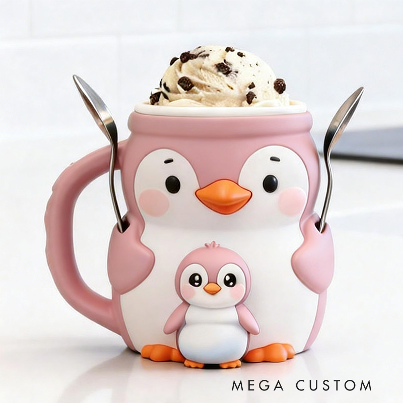 Personalized 3D Printed Penguin Ice Cream Pint Holder Spoon Slots & Snack Drawer Funny Kitchen Decor Cute Animal Gift