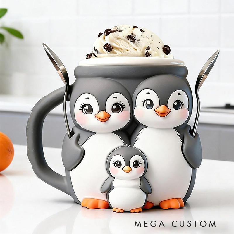 Personalized 3D Printed Penguin Ice Cream Pint Holder Spoon Slots & Snack Drawer Fun Kitchen Decor Animal Design