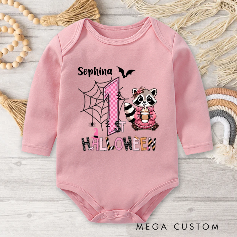 Personalized Cute Peter Rabbit Ghost Raccoon Halloween Elements Baby Bodysuit with Name First Halloween Gift for Newborns