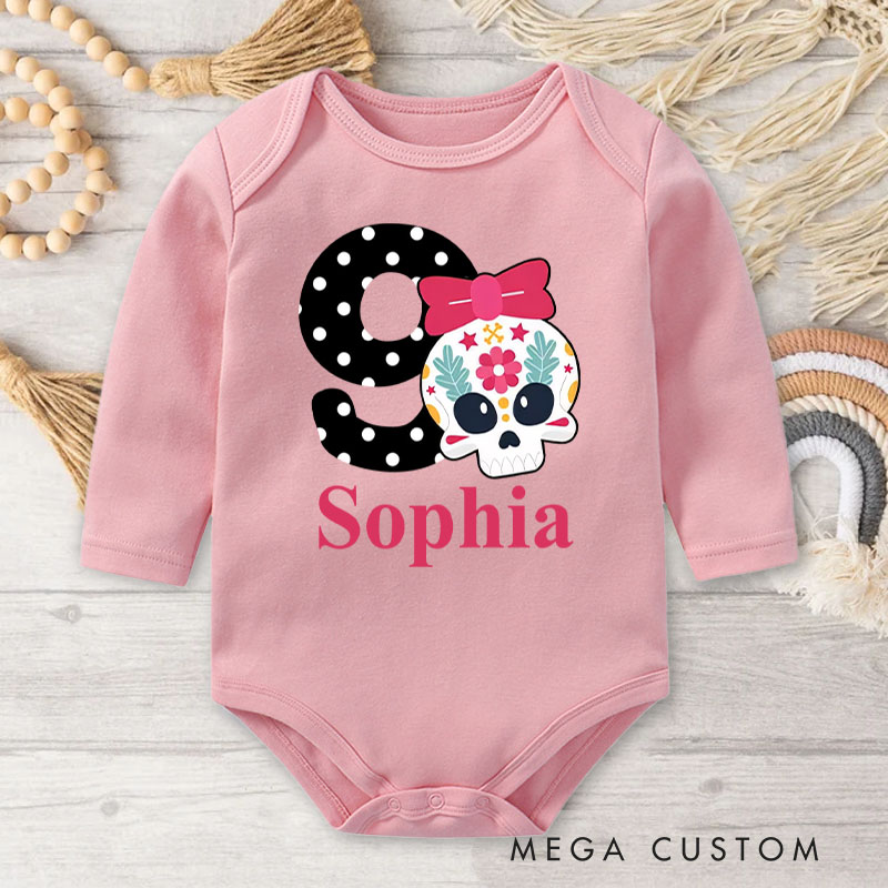 Personalized Minnie Mouse Inspired Skull Design for Baby's First Halloween Celebration Baby Bodysuit