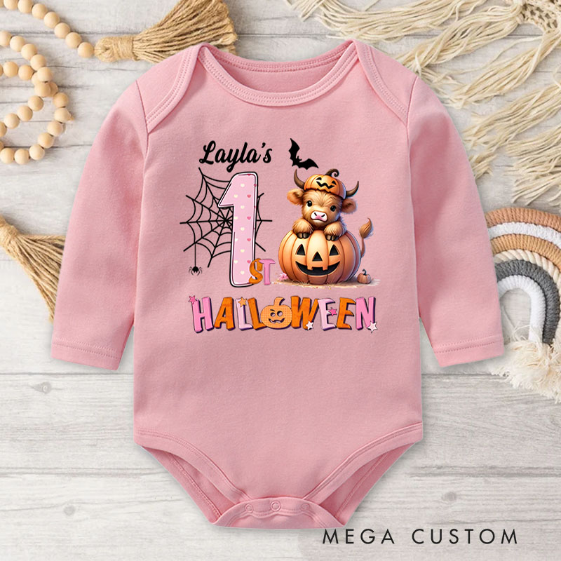 Personalized Spider Web and Pumpkin Design for Baby's First Halloween Celebration Baby Bodysuit