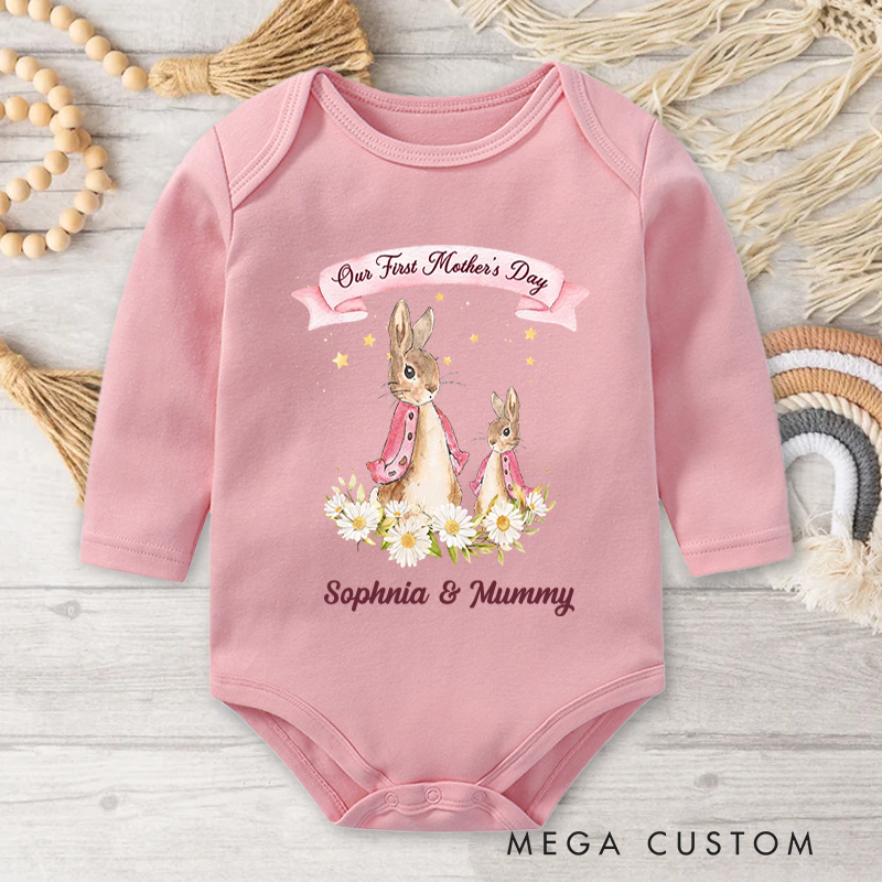 Personalized Our First Mother’s Day Peter Rabbit Bunny Floral Baby Onesie with Names Mother’s Day Baby Shower Gift