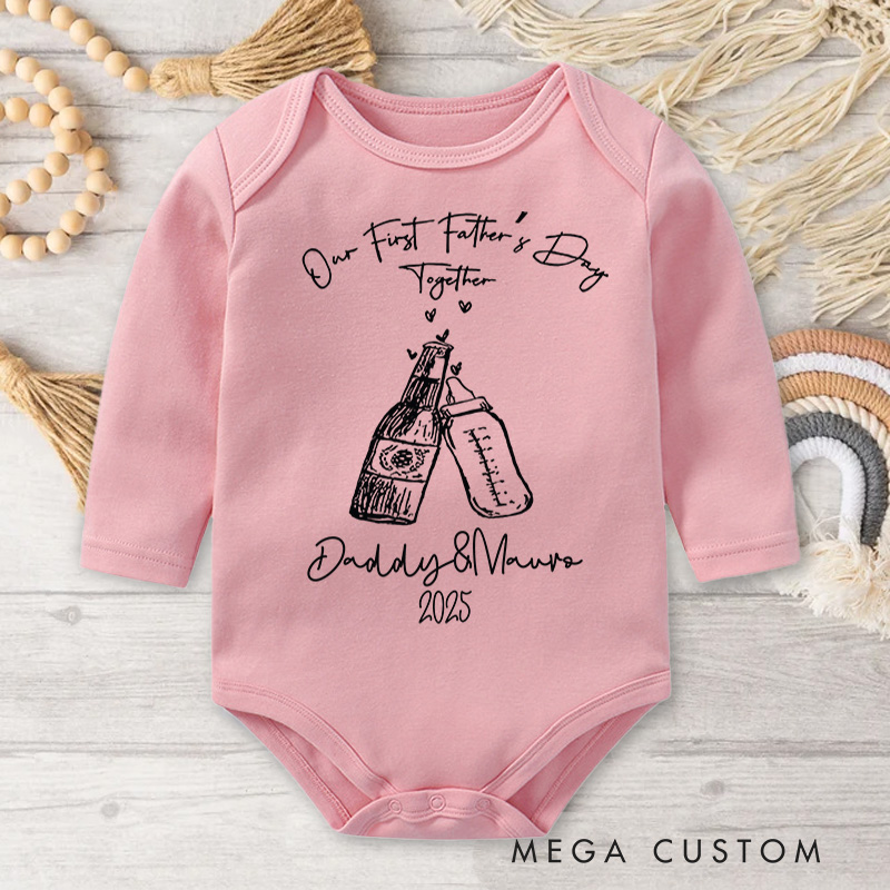 Personalized Bottle Cheers Illustration for Daddy and Mama's First Father's Day Celebration Baby Bodysuit