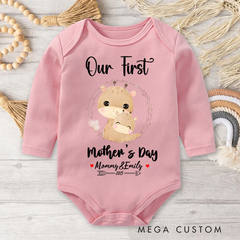 Personalized Our First Mother's Day Design with Cute Animal and Floral Wreath for Mommy and Baby Baby Bodysuit
