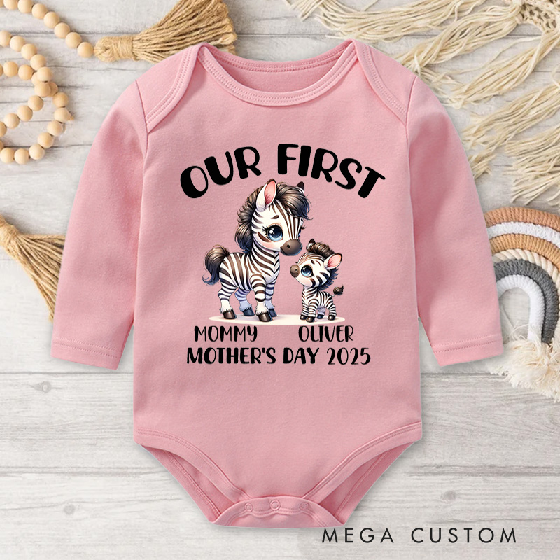 Personalized Our First Mother's Day Zebra Mom and Baby with Names and Year Baby Bodysuit