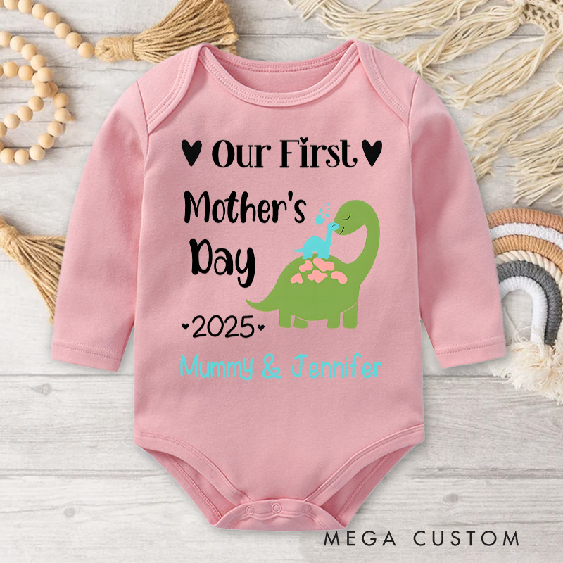 Personalized Our First Mother's Day Dinosaur Mom and Baby with Name and Year for a Fun Design Baby Bodysuit