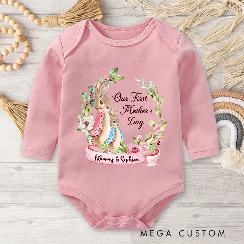 Personalized Our First Mother’s Day Peter Rabbit Bunny Floral Baby Onesie with Names Mother’s Day Gift for Baby New Mom