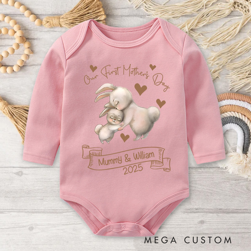 Personalized Our First Mother's Day Gentle Bunny Mom and Baby with Names Baby Bodysuit Gift for New Baby