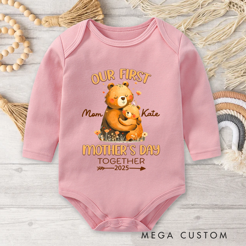 Personalized Hugging Bears Our First Mother's Day Baby Onesie with Name First Mother's Day Gift For Mom Baby
