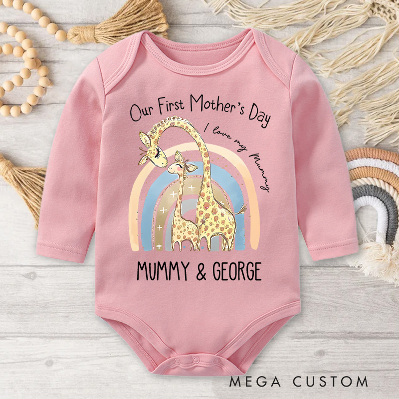 Personalized Our First Mother's Day Giraffe Mom and Baby Surrounded by Pastel Colors and Names Baby Bodysuit