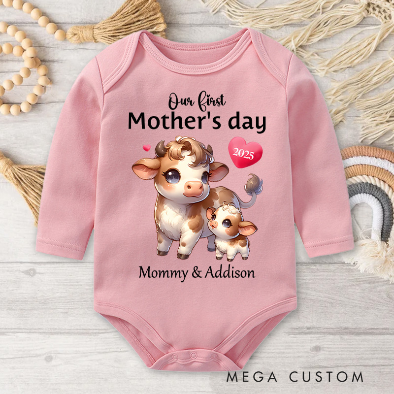 Personalized Our First Mother's Day Cow Mom and Baby with Sweet Hearts and Year Baby Bodysuit