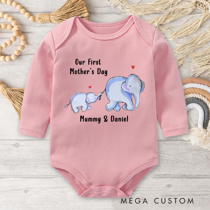 Personalized Our First Mother’s Day Elephant Baby Onesie with Names Gift for Baby New Mom