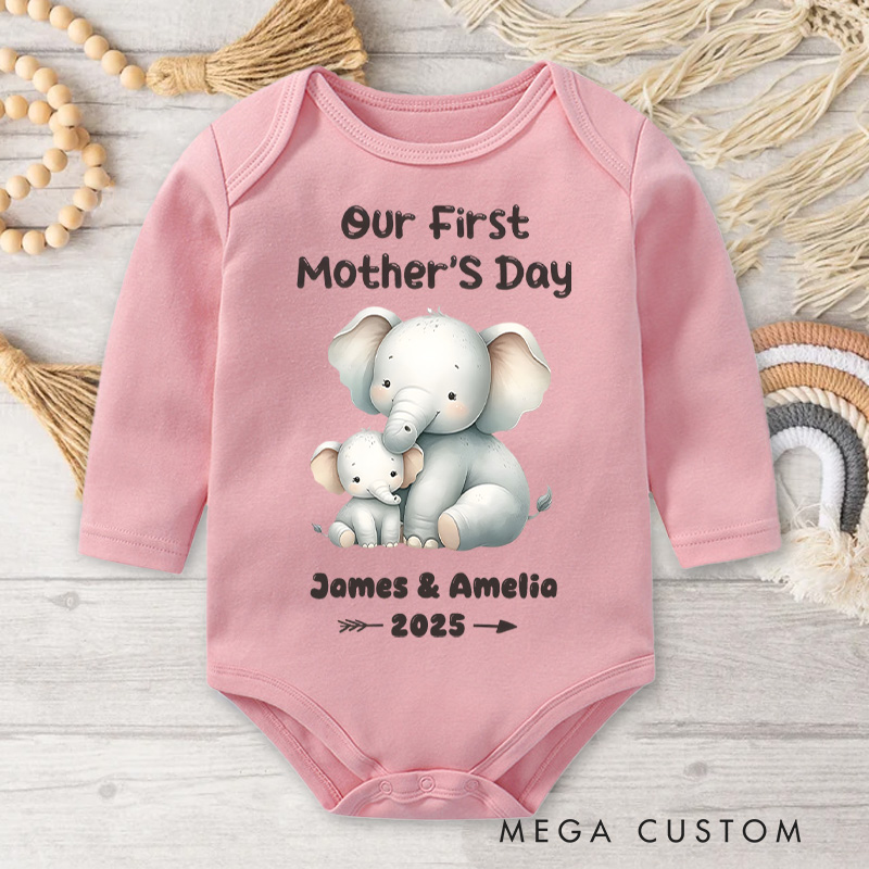 Personalized Our First Mother's Day Design with Sweet Elephant Mom and Baby and Year Baby Bodysuit