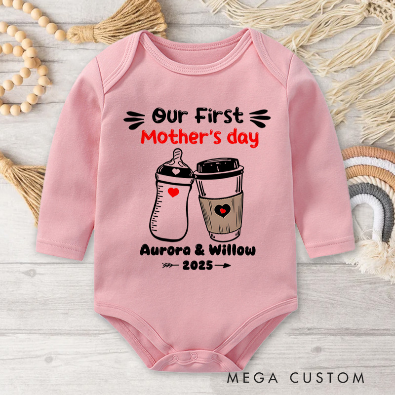 Personalized Our First Mother's Day Milk Bottle and Coffee Cup with Names and Heart Accents Baby Bodysuit