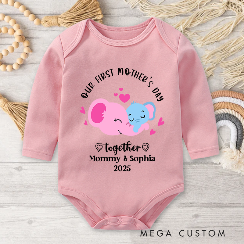 Personalized Our First Mother's Day Together Baby Onesie with Name Cute Giraffe Elephant Bear Koala Gift for Newborn