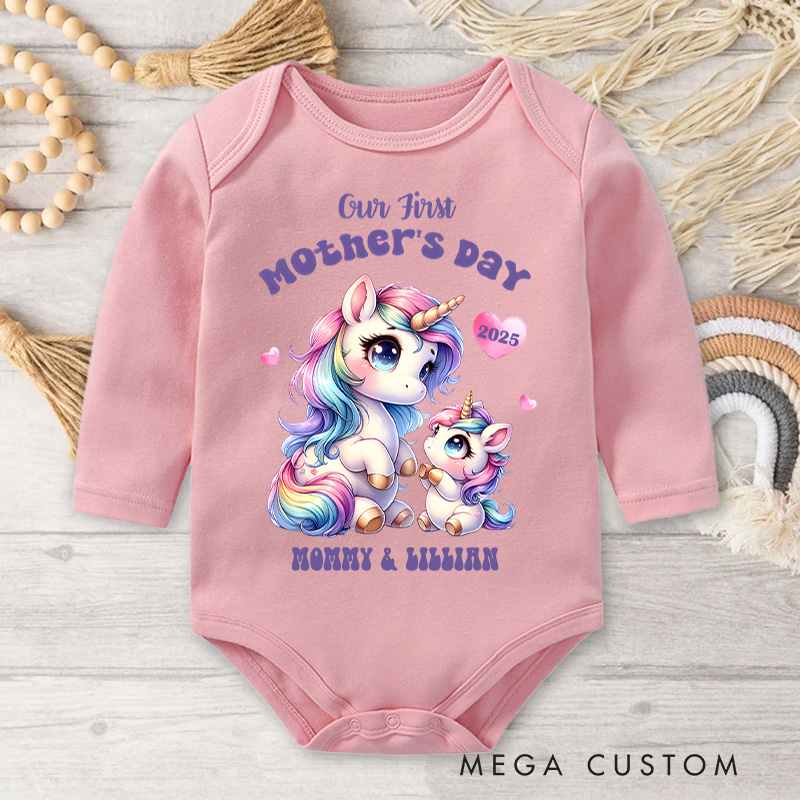 Personalized Our First Mother's Day Unicorn Mom and Baby Design with Vibrant Colors and Name Baby Bodysuit