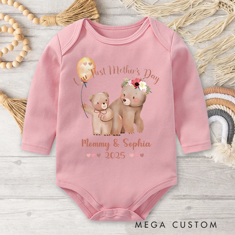 Personalized Watercolor Cute Bears Baby Onesie with Name Our First Mother's Day Gift for Mom Baby