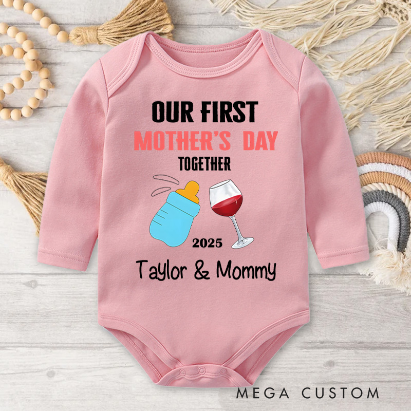 Personalized Our First Mother's Day Together Design with Bottle and Wine Glass Illustration Baby Bodysuit