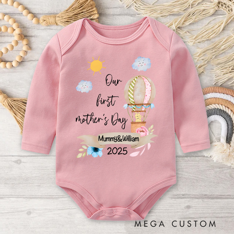 Personalized Our First Mother's Day Hot Air Balloon and Sunny Sky Design with Names and Year Baby Bodysuit