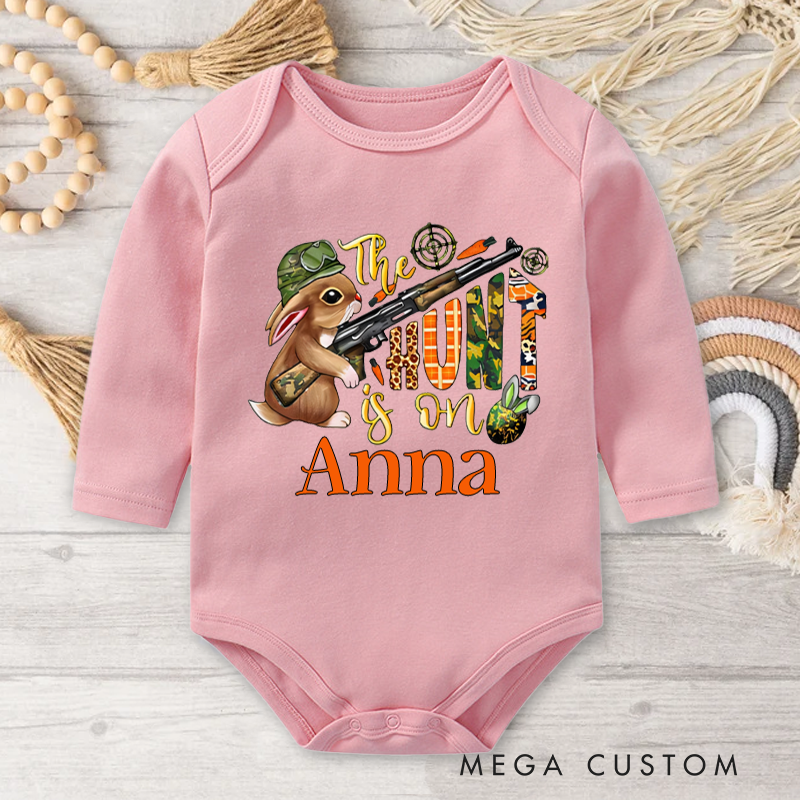 Personalized Cute Bunny The Hunt Is On Baby Onesie with Name Easter Gift for Baby