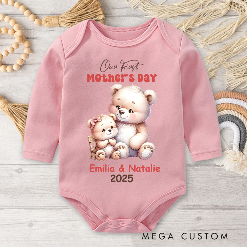 Personalized Our First Mother's Day Bear Mom and Baby Design with Cute Pastel Colors and Names Baby Bodysuit