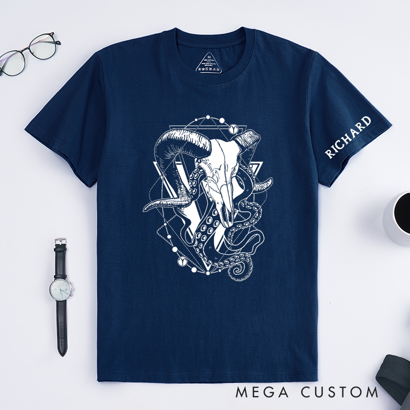 Personalized Ram Skull Tentacle Art Classic T-Shirts Custom Name Gothic Animal Graphic Unisex T-Shirt Unique Birthday Gift for Men Women Friends