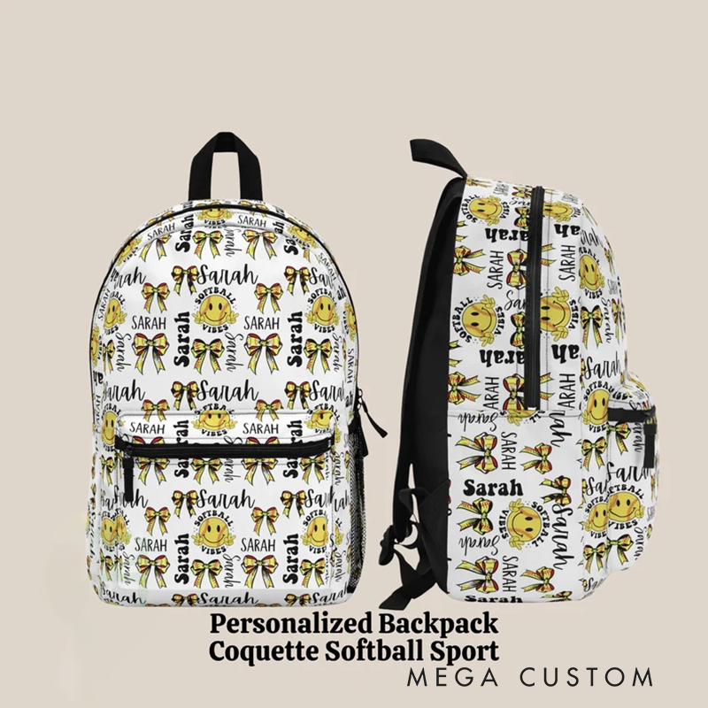 Personalized Softball Backpack with Custom Name and All Over Coquette Sport Design Perfect for Players and Fans