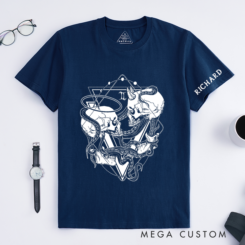 Personalized Gothic Skull Gemini Classic T-Shirts Unique Tentacle Art Custom Name Gift for Men Women Birthday Present Halloween Occult Lovers