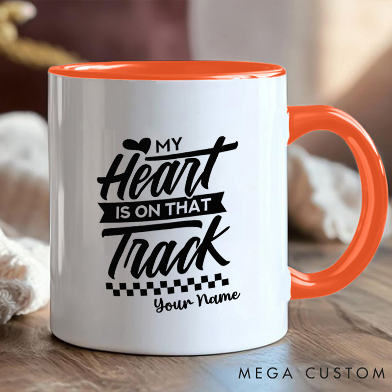 Personalized Racing Heart Mug with Name and Track Design for Outdoor Adventures Riding Cycling Biking Enthusiasts