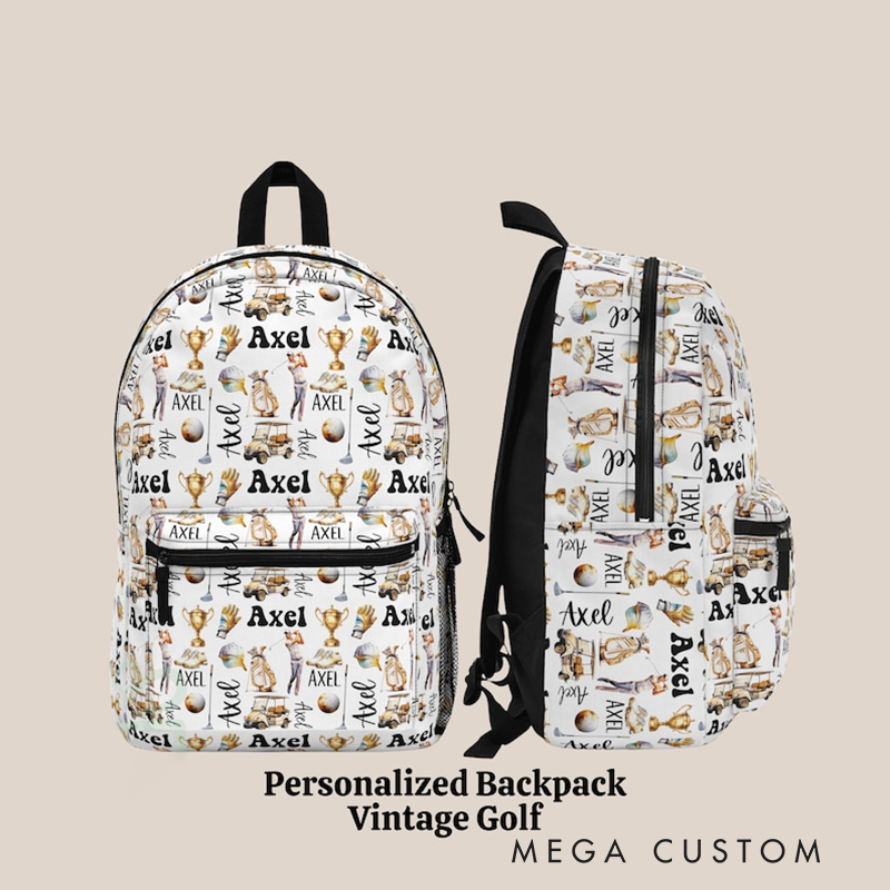Personalized Golf Backpack with Custom Name and Vintage All Over Design Perfect for Golf Enthusiasts and Players