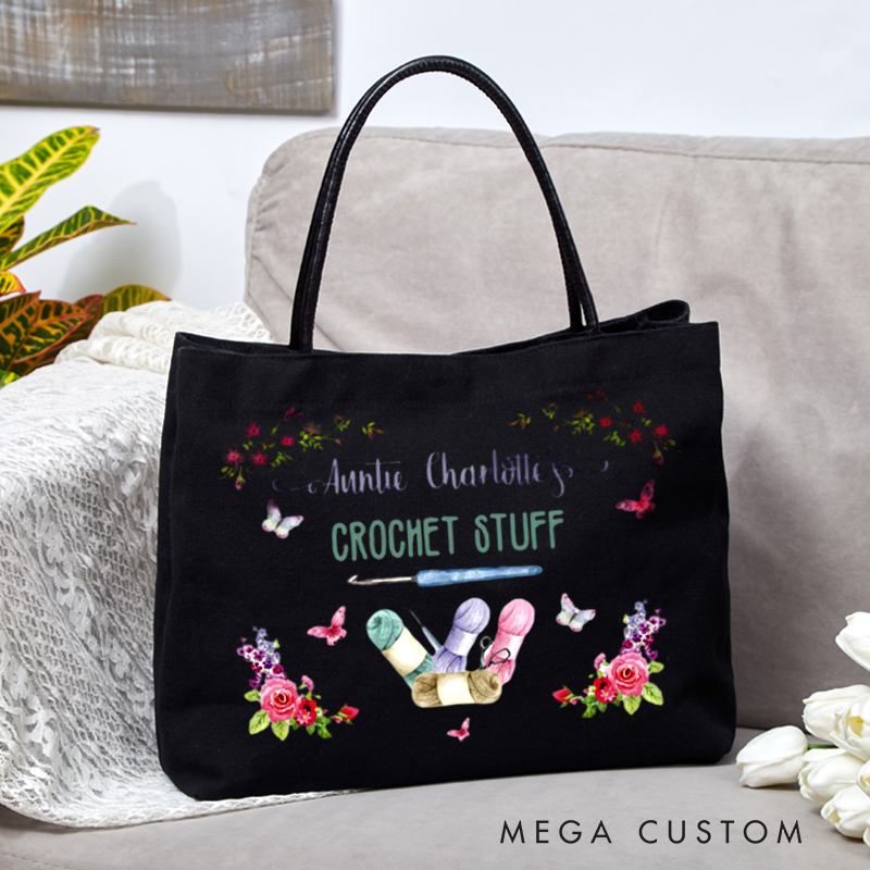 Personalized Crochet Stuff Tote Bag Knitting Lover Bag Crocheter Gift Flowers and Butterflies Crochet Bag