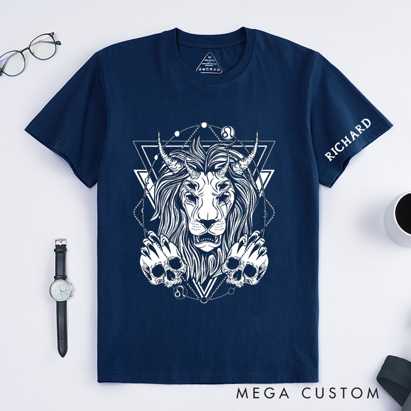 Personalized Lion Skull Horns Design Classic T-Shirts Unique Gothic Animal Art Custom Name Gift for Men Women Birthday Present Fashionable