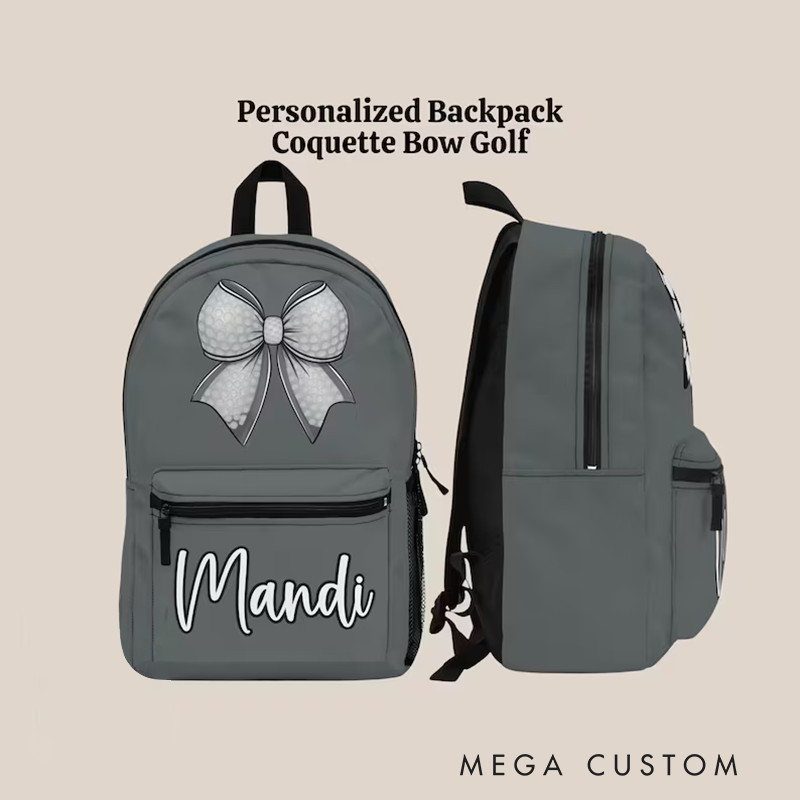 Personalized Golf Backpack with Custom Name and Coquette Bow Design Ideal for Golf Enthusiasts and Players