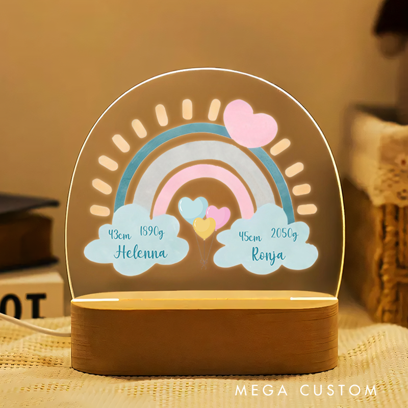Personalized Acrylic Rainbow Night Light Baby Gift for the Birth of Twins