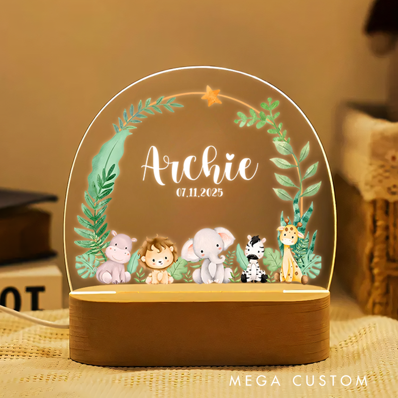 Personalized Jungle Animal Night Light Nursery Baby Room Name Sign Gift
