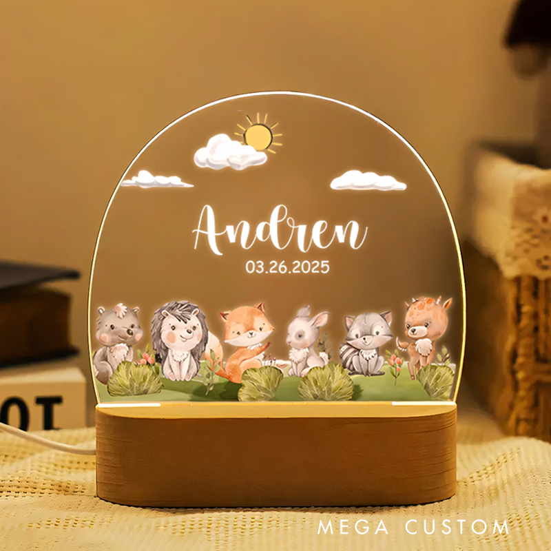 Personalized Woodland Animal Night Light Nursery Baby Room Name Sign Gift
