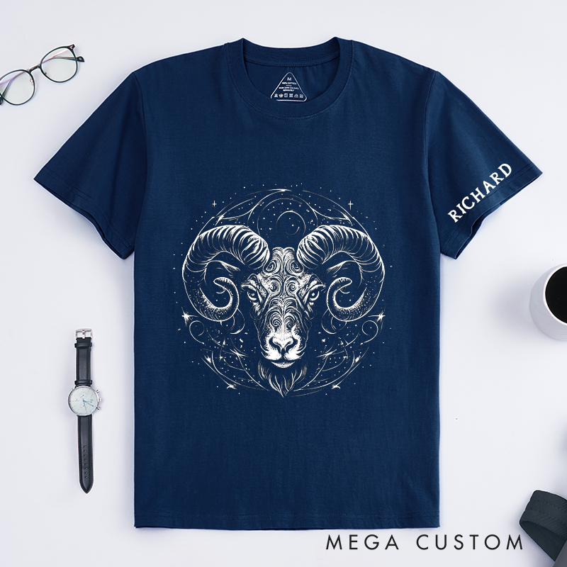 Personalized Ram Zodiac Classic T-Shirts Custom Cosmic Ram Star Sign Gift for Astrology Lovers Unisex Aries Birthday Present 