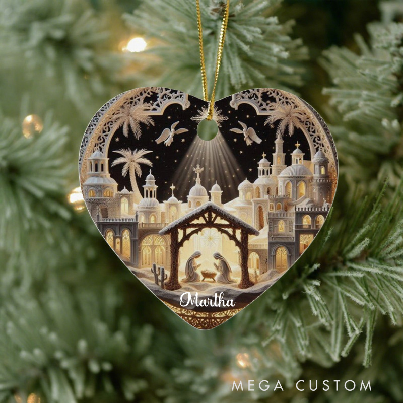 Personalized Nativity Scene Ceramic Christmas Ornament Custom Christian Christmas Tree Decor Old World Manger Scene Religous Gift for Catholics