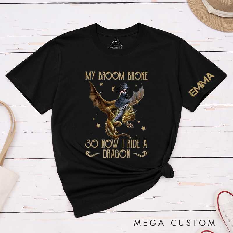 Personalized Witch Dragon Rider Classic T-Shirts Custom Name Funny Halloween Gift for Women Men Unique Broom Broke Fantasy Tee for Friends Family