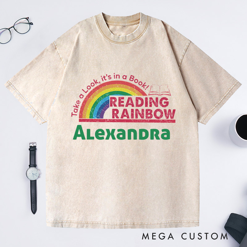Personalized Reading Rainbow Washed T-Shirts for Librarian, Take a Look It's in a Book Shirt, Retro Librarian Tee with Name Book Lover Gift