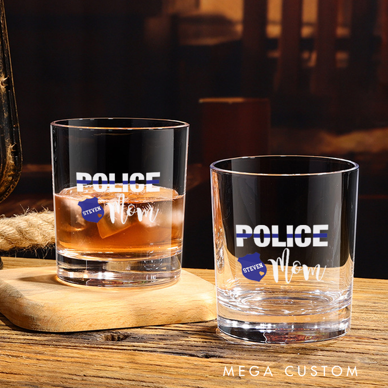 Personalized Whiskey Glass Police Mom Thin Blue Line Badge Design Gift for Police Mom
