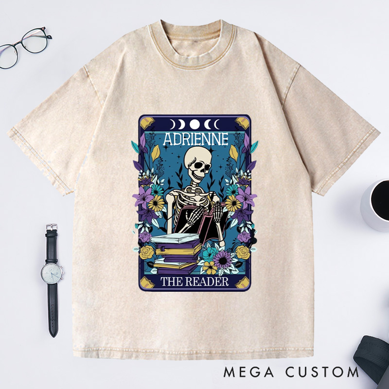 Personalized The Reader Washed T-Shirts Bookish Shirt Skeleton Tarot Shirt for Book Lover Gift Librarian Gift