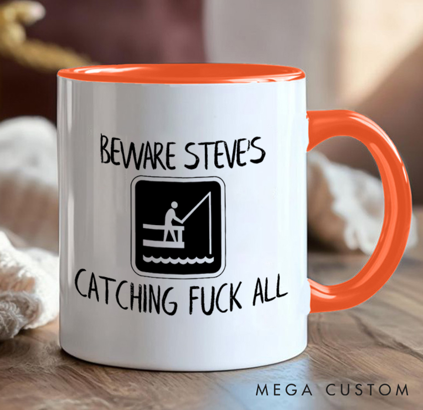 Personalized Humorous Fishing Mug - 'Beware, Catching Nothing' Funny Gift for Anglers