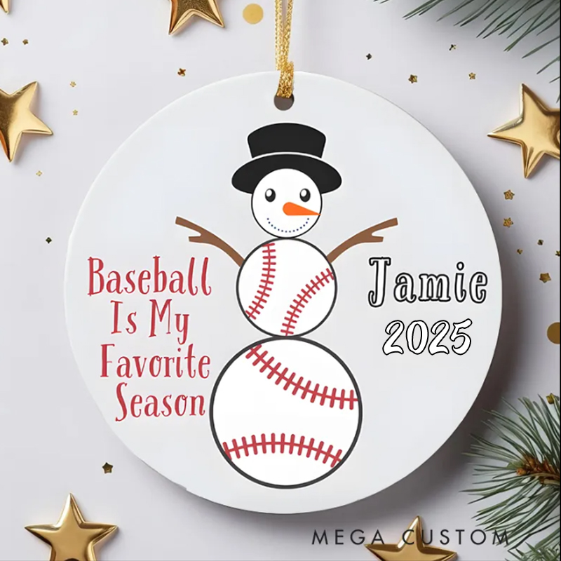 Personalized Baseball Snowman Christmas Ornament with Custom Name and Year Baseball Is My Favorite Season Design